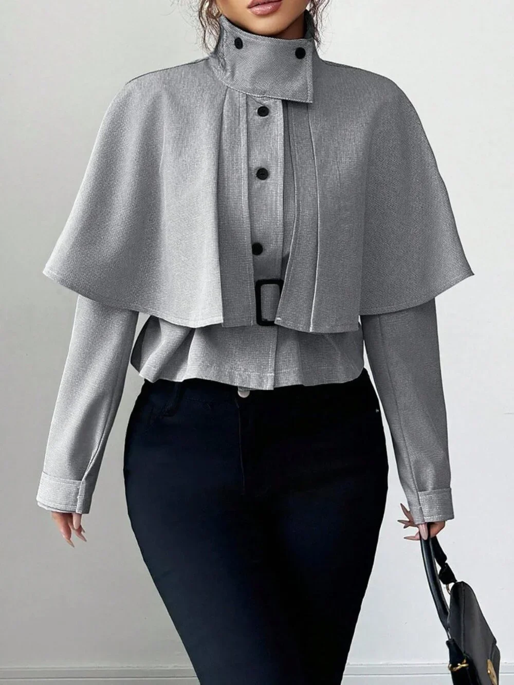 Black And White Casual Women's Houndstooth Cropped Waist Cape